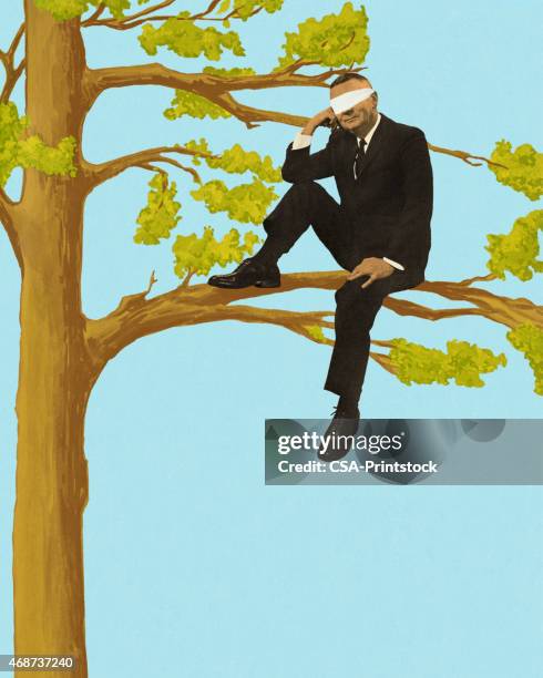 blindfolded businessman sitting in a tree - blindfold stock illustrations