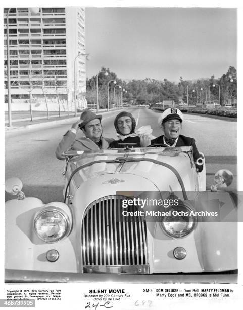 Actors Dom DeLuise, Marty Feldman and Mel Brooks on set of the movie "Silent Movie " circa 1976.