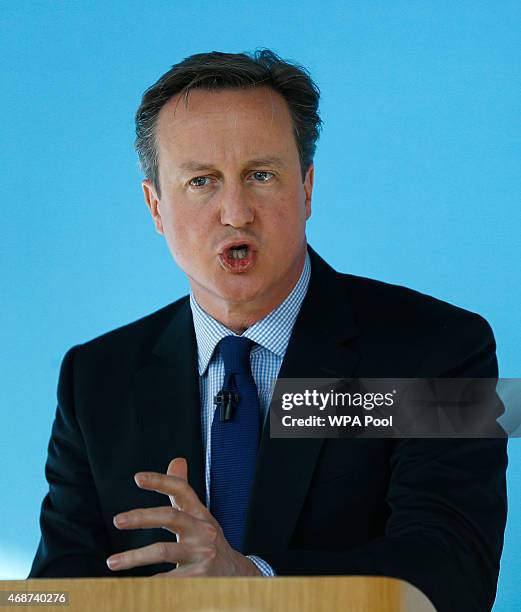 Prime Minister David Cameron delivers an election campaign speech at Bristol and Bath Science Park on April 6, 2015 in Bristol, England. Britain goes...