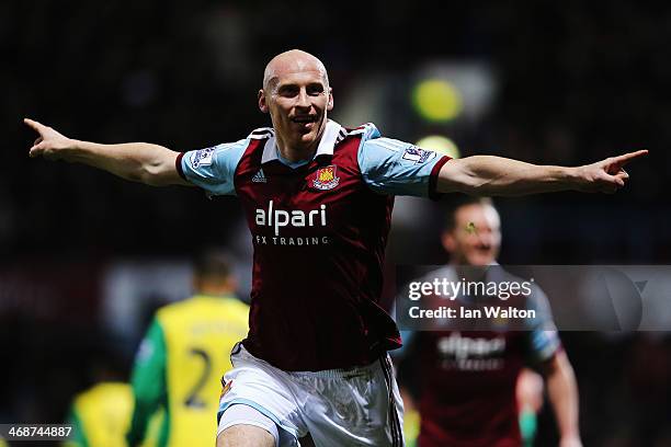 James Collins of West Ham United celebrates scoring during the Barclays Premier League match between West Ham United and Norwich City at the Boleyn...