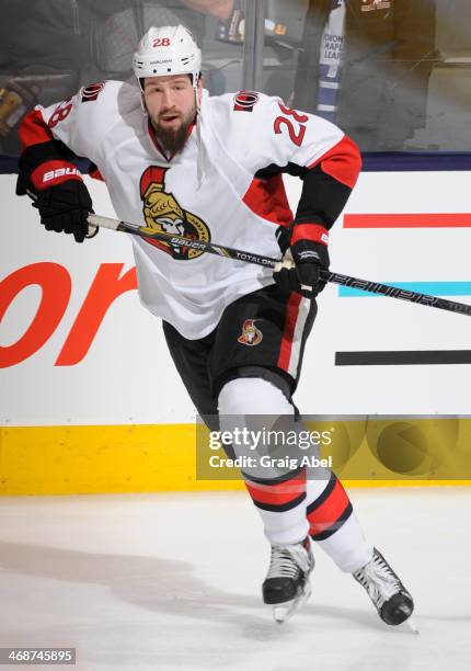 Matt Kassian of Ottawa Senators skates during warm up prior to NHL game action against the Toronto Maple Leafs February 1, 2014 at the Air Canada...