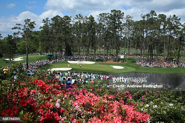 General view of the 16th green is seen during a practice round prior to the start of the 2015 Masters Tournament at Augusta National Golf Club on...
