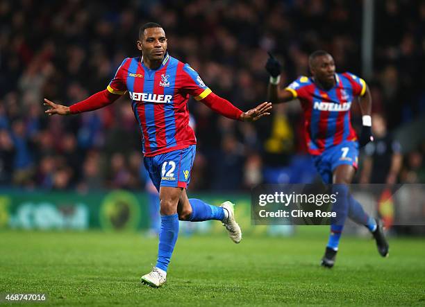 Jason Puncheon of Crystal Palace celebrates scoring his team's second goal during the Barclays Premier League match between Crystal Palace and...