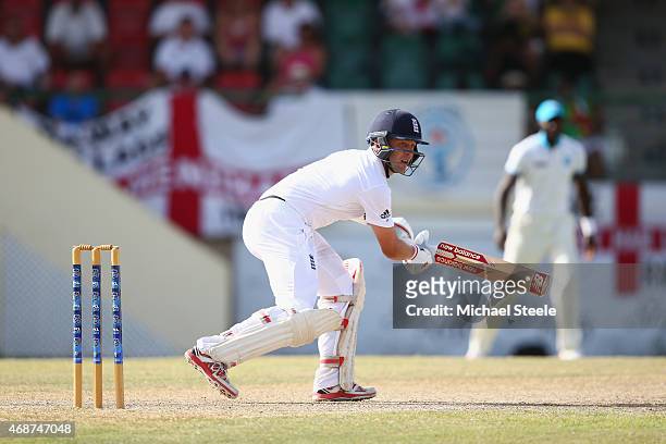 Jonathan Trott of England plays to the offside to reach his fifty during the St Kitts and Nevis Invitational XI versus England tour match on April 6,...