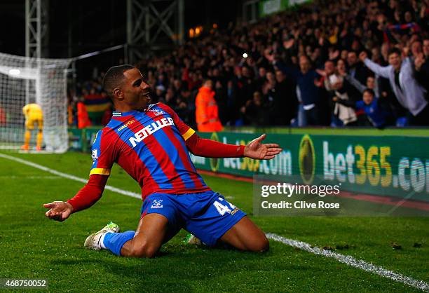 Jason Puncheon of Crystal Palace celebrates scoring his team's second goal during the Barclays Premier League match between Crystal Palace and...