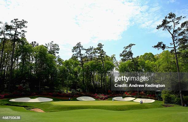 General view of the 13th hole is seen during a practice round prior to the start of the 2015 Masters Tournament at Augusta National Golf Club on...