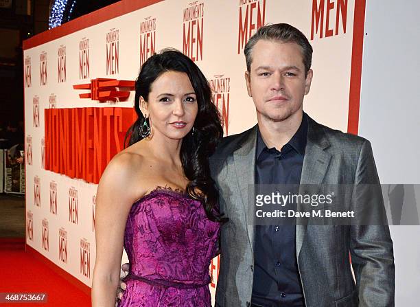 Matt Damon and wife Luciana Damon attend the UK Premiere of "The Monuments Men" at Odeon Leicester Square on February 11, 2014 in London, England.