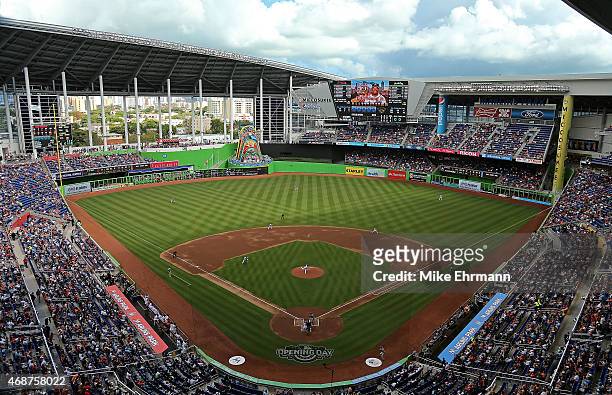 General view of Marlins Park during Opening Day between the Miami Marlins and the Atlanta Braves on April 6, 2015 in Miami, Florida.