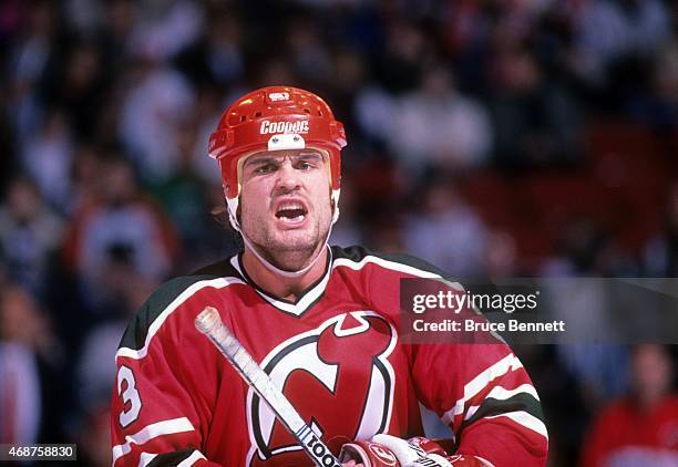 Ken Daneyko of the New Jersey Devils skates on the ice during an NHL game against the Philadelphia Flyers on November 12, 1989 at the Spectrum in...