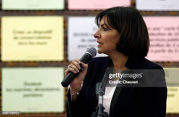 Paris PS mayoral candidate Anne Hidalgo delivers a speech during a campaign meeting on February 11, 2014 in Paris, France. Anne Hidalgo is currently...