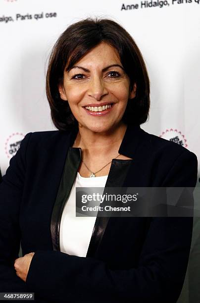 Paris PS mayoral candidate Anne Hidalgo poses prior a campaign meeting on February 11, 2014 in Paris, France. Anne Hidalgo is currently campaigning...