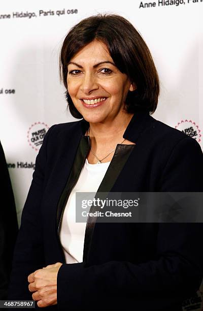 Paris PS mayoral candidate Anne Hidalgo poses prior a campaign meeting on February 11, 2014 in Paris, France. Anne Hidalgo is currently campaigning...