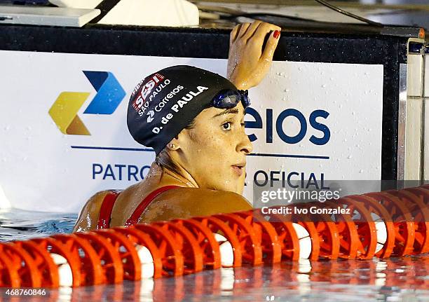 Daynara Ferreira competes in the Women's 4x50m freestyle final on day one of the Maria Lenk Swimming Trophy at Fluminense Club on April 6, 2015 in...