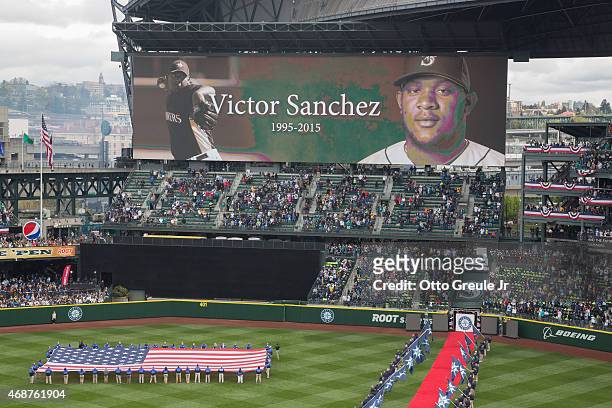 The scoreboard shows a tribute to minor league player Victor Sanchez who was killed in a boating accident prior to the start of the season during...