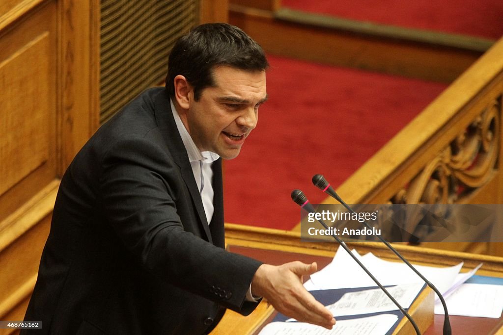 Greece's Prime Minister Alexis Tsipras speaks a plenary session of the Parliament in Athens