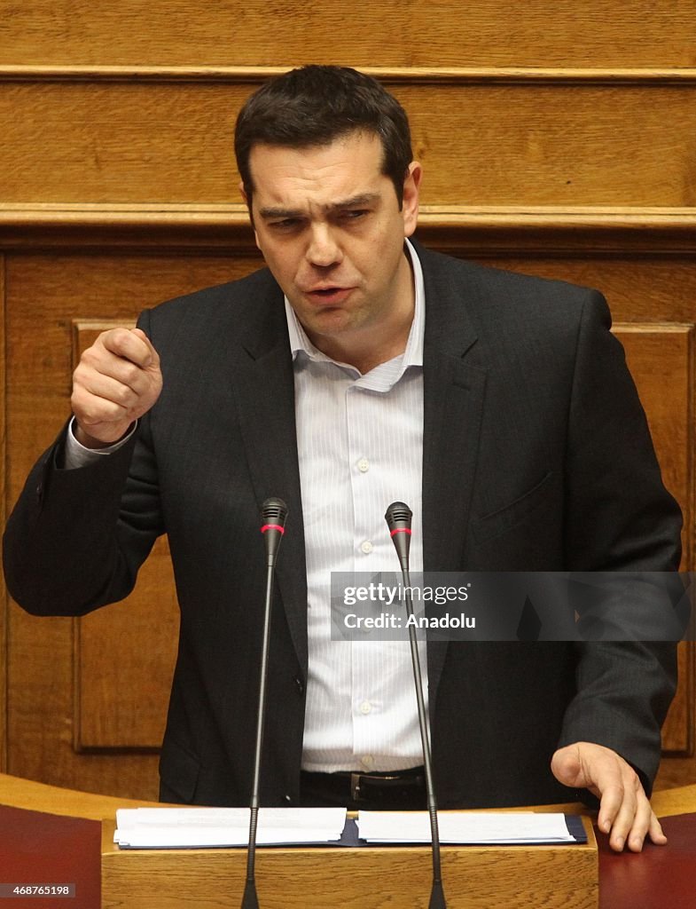 Greece's Prime Minister Alexis Tsipras speaks a plenary session of the Parliament in Athens