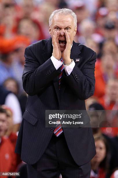 Head coach Bo Ryan of the Wisconsin Badgers reacts after a play in the second half against the Duke Blue Devils during the NCAA Men's Final Four...