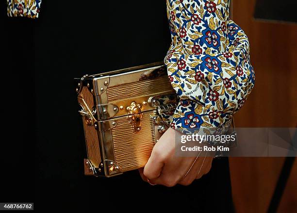 Alicia Vikander, purse detail, attends "Ex Machina" New York Premiere at Crosby Street Hotel on April 6, 2015 in New York City.