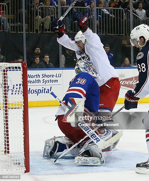 Brandon Dubinsky of the Columbus Blue Jackets celebrates his goal against Henrik Lundqvist of the New York Rangers at Madison Square Garden on April...