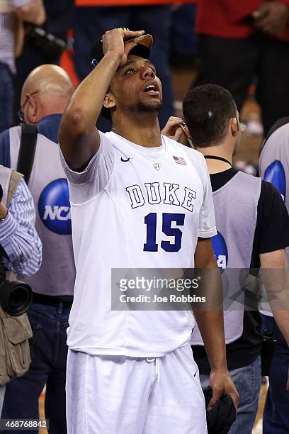 Jahlil Okafor of the Duke Blue Devils reacts after defeating the Wisconsin Badgers during the NCAA Men's Final Four National Championship at Lucas...