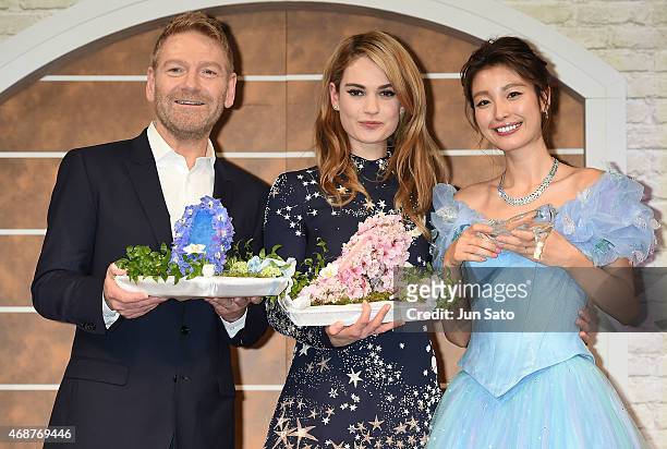 Director Kenneth Branagh, actresses Lily James and Yukina Kinoshita attend the press conference for "Cinderella" at The Ritz Carlton Tokyo on April...