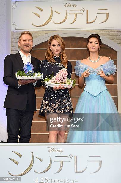 Director Kenneth Branagh, actresses Lily James and Yukina Kinoshita attend the press conference for "Cinderella" at The Ritz Carlton Tokyo on April...