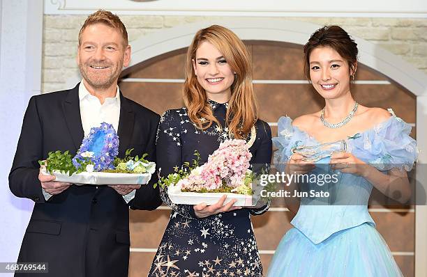 Director Kenneth Branagh, actresses Lily James and Yukina Kinoshita attend the press conference for "Cinderella" at The Ritz Carlton Tokyo on April...