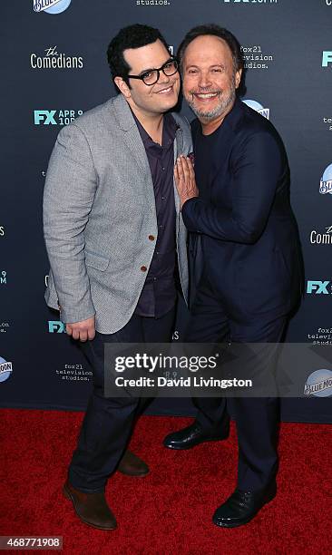 Actors Josh Gad and Billy Crystal attend the premiere of FX's "The Comedians" at The Broad Stage on April 6, 2015 in Santa Monica, California.