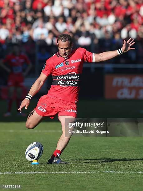 Frederic Michalak of Toulon kicks a penalty during the European Rugby Champions Cup quarter final match between RC Toulon and Wasps at the Felix...