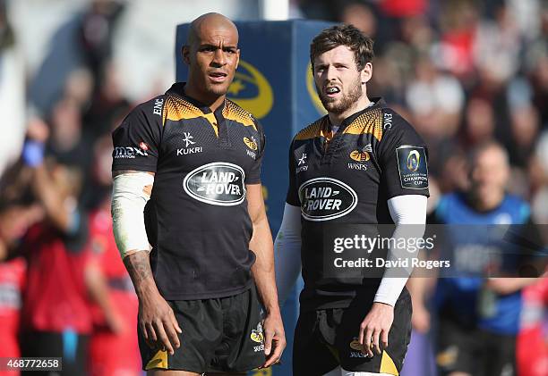 Tom Varndell and Elliot Daly of Wasps look on during the European Rugby Champions Cup quarter final match between RC Toulon and Wasps at the Felix...