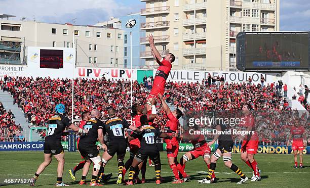 Ali Williams of Toulon wins the lineout during the European Rugby Champions Cup quarter final match between RC Toulon and Wasps at the Felix Mayol...