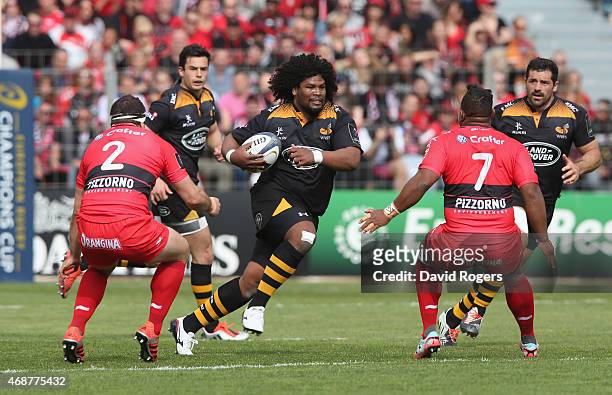 Ashley Johnson of Wasps runs with the ball during the European Rugby Champions Cup quarter final match between RC Toulon and Wasps at the Felix Mayol...
