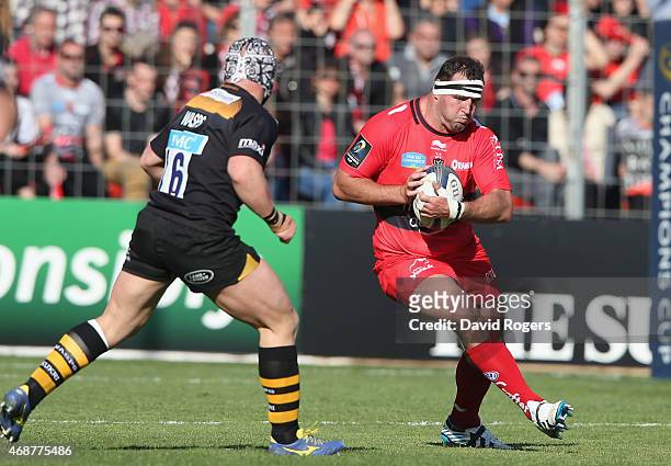 Carl Hayman of Toulon runs with the ball during the European Rugby Champions Cup quarter final match between RC Toulon and Wasps at the Felix Mayol...