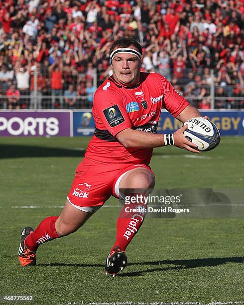 Jean-Charles Orioli of Toulon runs with the ball during the European Rugby Champions Cup quarter final match between RC Toulon and Wasps at the Felix...