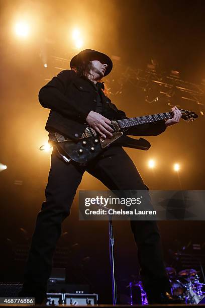 Guitarist Daron Malakian of System of a Down performs commemorating the 100th anniversary of the Armenian genocide at The Forum on April 6, 2015 in...