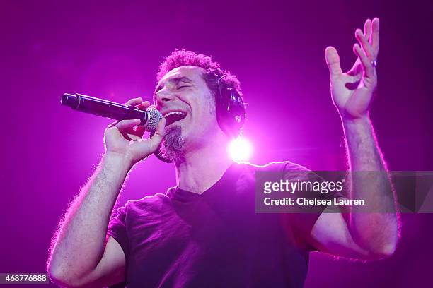 Vocalist Serj Tankian of System of a Down performs commemorating the 100th anniversary of the Armenian genocide at The Forum on April 6, 2015 in...