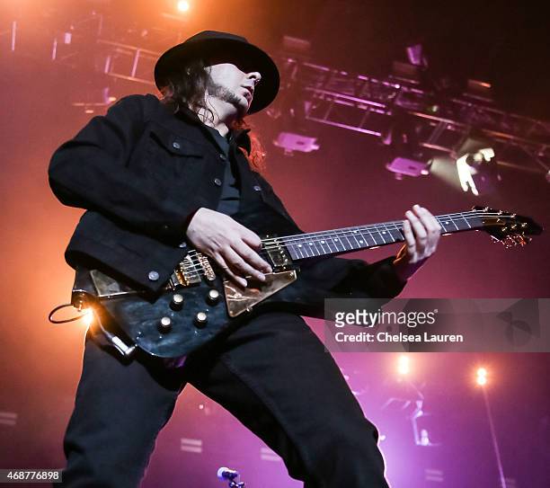 Guitarist Daron Malakian of System of a Down performs commemorating the 100th anniversary of the Armenian genocide at The Forum on April 6, 2015 in...