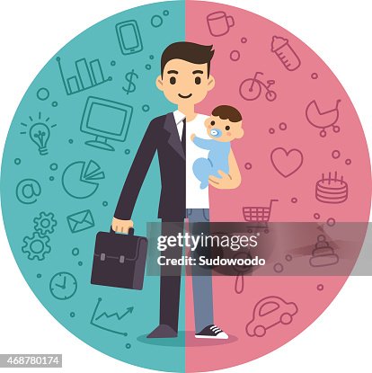 Split Between Illustration Of A Man Split Between Work And Home Duties High-Res ...