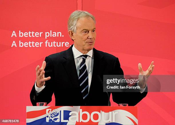 Former British Prime Minister and former Labour MP for Sedgefield, Tony Blair gives a speech to waiting party members ahead of a visit to the...