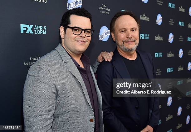 Actors Josh Gad and Billy Crystal attend the premiere of FX's "The Comedians" at The Broad Stage on April 6, 2015 in Santa Monica, California.