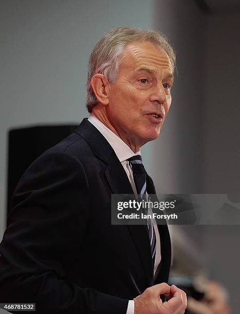 Former British Prime Minister and former Labour MP for Sedgefield, Tony Blair gives a speech to waiting party members ahead of a visit to the...