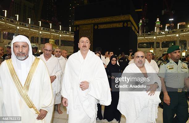 Azerbaijans President Ilham Aliyev performs the Umrah pilgrimage on April 7, 2015 in Mecca, Saudi Arabia. Azerbaijani president is accompanied by his...