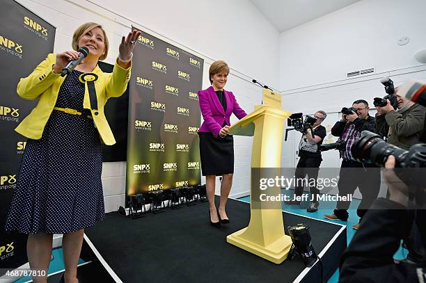 Hannah Bardell SNP candidate for Livingston gestures as Scotland's First Minister Nicola Sturgeon prepares to give a speech setting out the SNP's...