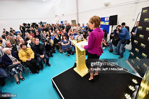 Scotland's First Minister Nicola Sturgeon gives a speech setting out the SNP's plans to reduce child poverty at Forestbank Community Centre on April...