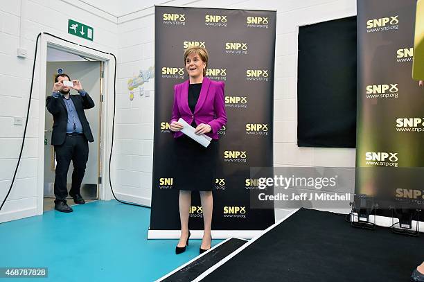 Scotland's First Minister Nicola Sturgeon prepares to give a speech setting out the SNP's plans to reduce child poverty at Forestbank Community...