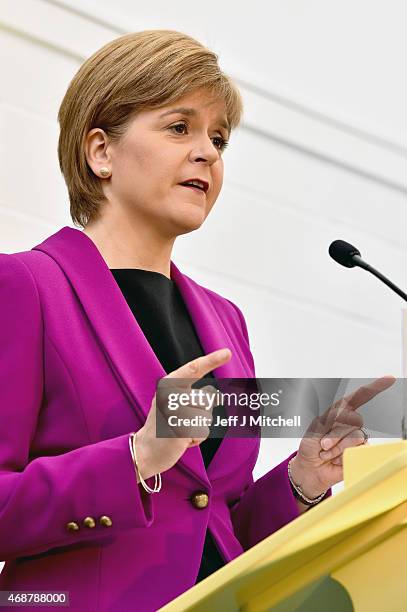 Scotland's First Minister Nicola Sturgeon gives a speech setting out the SNP's plans to reduce child poverty at Forestbank Community Centre on April...