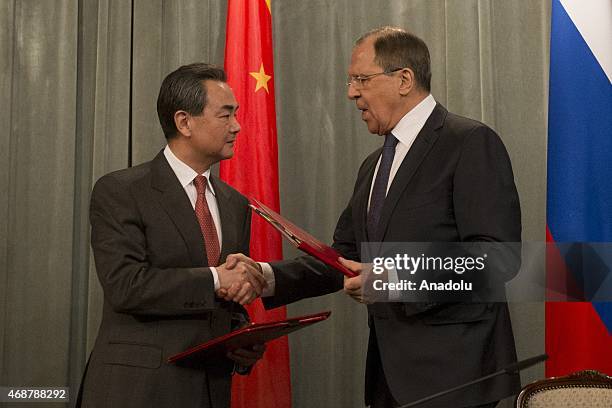 Chinese Foreign Minister Wang Yi and his Russian counterpart Sergey Lavrov hold a joint press conference after their meeting in Moscow, Russia on...