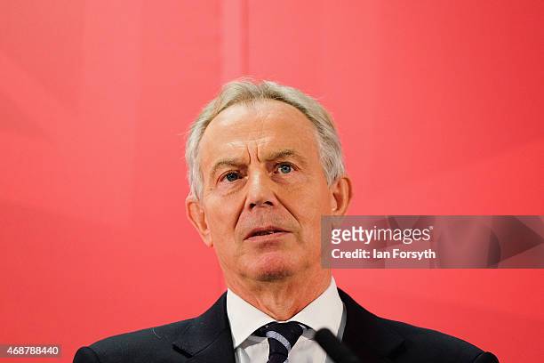Former British Prime Minister and former Labour MP for Sedgefield, Tony Blair gives a speech to waiting party members ahead of a visit to the...