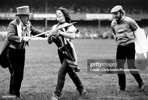 The Twickenham Streaker, Erica Roe , struts her stuff during the International rugby union match between England and Australia at Twickenham in...
