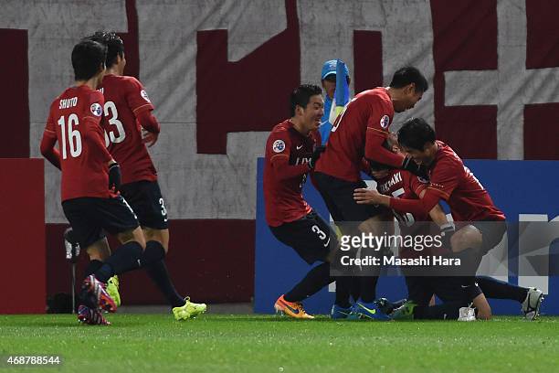 Kashima Antlers players celebrate the second goal during the AFC Champions League Group H match between Kashima Antlers and Guangzhou Evergrande at...
